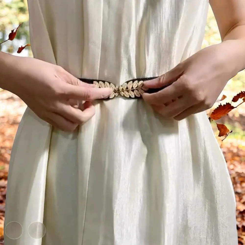 Black Elegant Gold Leaf‎ Buckle Elastic Casual Belt Adjustable One-Size